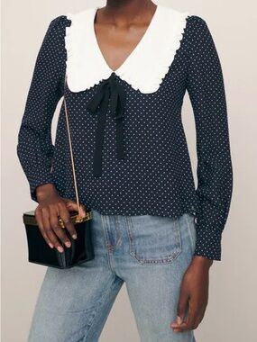 Reformation Edalene Top Navy Polka Dot Blouse with White Scalloped Collar